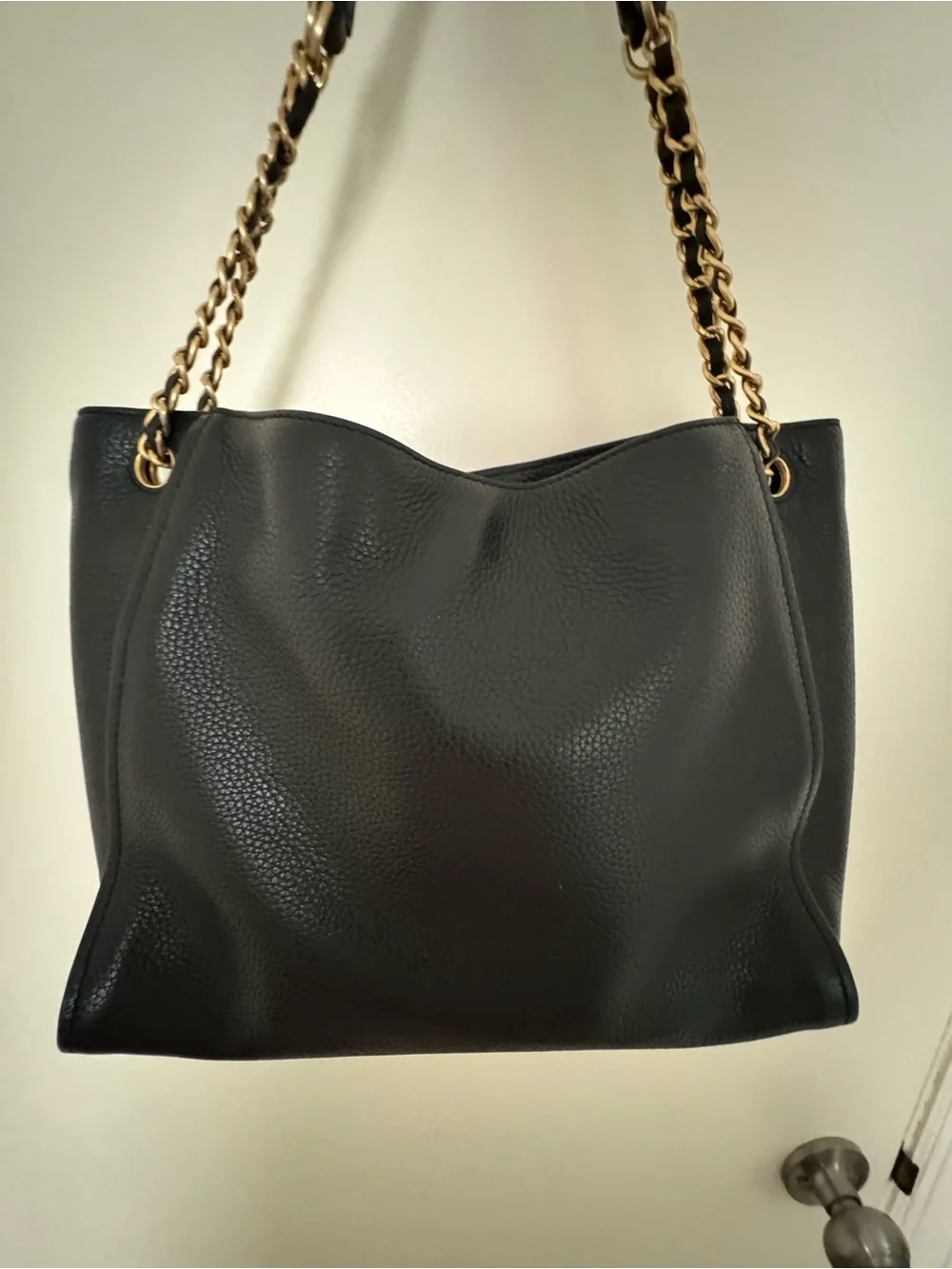 Tory Burch Black Leather Tote with Gold Chain Handles